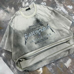เสื้อยืดแฟชั่นผู้ชายสไตล์วินเทจปี 2024 ล้างสีแบบแอซิด แต่งลายขาดๆ สตรีทแวร์ พิมพ์ลายตัวอักษรด้วยเทคนิคซิลค์สกรีน แขนสั้น MONO RIDERS - Product Image 1