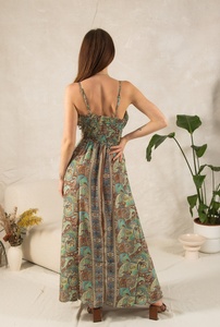 Robe longue d'été bohème en dentelle vintage avec bretelles ajustables, col en V à volants, 100 % soie, silhouette trapèze, formelle, vert, marron, bleu - Product Image 5