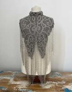 Beautiful Ladies Evening Party Dress with <b>Beaded</b> Cape Anti-Static Features Evening Wrap with Embroidered Pearls <b>Fringes</b> - Product Image 1