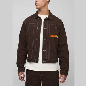 Veste en jean homme personnalisée OEM/ODM, légère, couleur brun foncé, avec surpiqûres contrastées, style streetwear, coupe classique. - Product Image 1