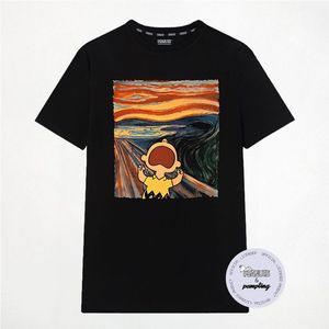 T-shirt minimalista con stampa espressionistica, manica corta, girocollo, nera, unisex per adulti, top con grafica emotiva semplice - Product Image 2