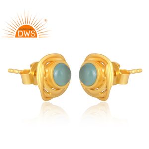 Latest Selling 925 Sterling Silver 18K Gold Plated Aqua Chalcedony Gemstone Stud Earring Demi Fine Jewelry <b>For</b> <b>Women</b> - Product Image 3