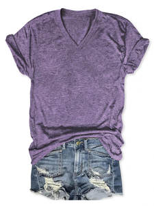 65% viscosa 35% poliéster Casual cuello en V camisetas de manga corta mujeres cuello en V camisetas lisas Camiseta cuello en V - Product Image 5