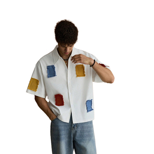 Men's Summer Casual <b>Patchwork</b> Short Sleeve <b>Shirt</b> Loose Fit Colorblock Lapel Collar Woven Button Up Streetwear - Product Image 3