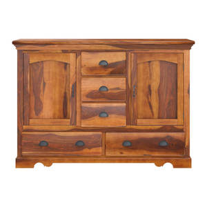 Aparador de Madera de Teca Maciza Hecho a Mano, 5 Cajones, 2 Puertas, Estilo Rústico Moderno, Ecológico, Mueble de Almacenamiento para el Hogar, Comedor, Dormitorio - Product Image 3