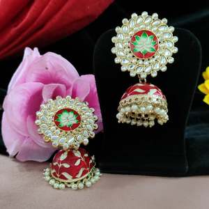 Lotus Motif Fusion <b>Earrings</b> Meenakari Work-Incorporated <b>Dangle</b> Fashion Radiant Luxurious Effect Meenakari Jhumkas For Women - Product Image 1