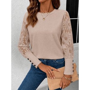 Women'<b>s</b> Long Sleeve Crew Neck Floral Sleeve Waffle <b>Blouse</b>, 37586 - Beige - Product Image 1