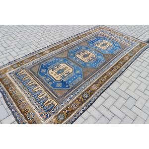 Tapis persan turc vintage bleu grand format 4,8x10,1 pieds, patchwork en laine, avec support en latex écologique - Product Image 1