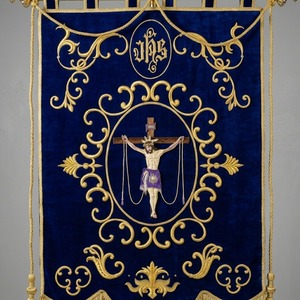 Estandarte Litúrgico para Procesiones de Iglesia, Terciopelo Azul con Diseño de Cruz Bordada y Borlas, Estilo Clásico - Product Image 6