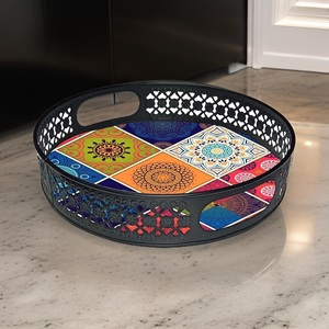 Bandeja de servicio de corte láser diseñador impresión esmalte recubierto redondo hierro Metal decorativo Pichwai bandeja hogar regalos promocionales precio bajo - Product Image 4