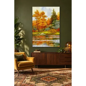 Impression sur toile aquarelle Fida Forêt d'automne au bord du lac - Product Image 1