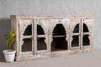 Buffet de style occidental de luxe, en bois massif, avec 4 portes et 3 étagères, buffet en bois rustique blanc