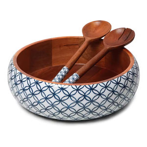 Bols en bois imprimé en émail de bonne qualité pour servir la salade et les fruits bol à mélanger ensemble de saladiers en bois d'acacia avec serveurs - Product Image 4