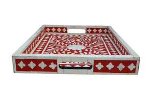 Plateau rond en bois incrusté, fait main, vintage, plateau de service en bois, décoration de table de cuisine, plateau avec incrustation florale - Product Image 3