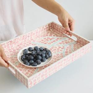 ถาดมุกสีชมพูฝังเปลือกหอยรูปทรงสี่เหลี่ยมผืนผ้า ถาดตกแต่งงานศิลปะทำมือ ถาดโชว์สินค้าหรูหราสำหรับตกแต่งบ้านและเป็นของขวัญ - Product Image 5