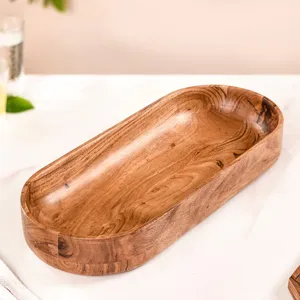 Bandeja larga de madera de acacia para servir, Plato de frutas, centro de mesa de madera rústico, cuenco decorativo, grano Natural hecho a mano, seguro para alimentos - Product Image 6