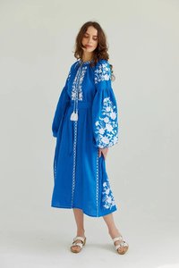 2022 New <b>Blue</b> 100% Cotton Embroidered <b>Dress</b> Round Neck Long Sleeves Ukrainian Boho <b>Wedding</b> <b>Dress</b>. - Product Image 3