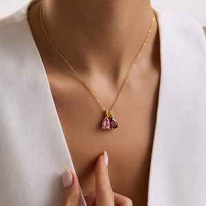 925 Sterling Silver 14K Gold Plated Large Drop <b>Birthstone</b> Ruby Pendant <b>Necklace</b> Personalized Jewelry Gift - Product Image 1
