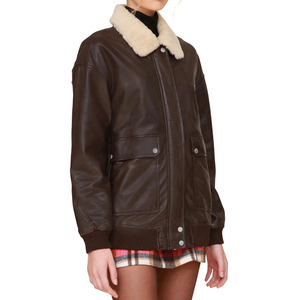 Custom Logo <b>Women</b> <b>Vintage</b> Brown Real Sheepskin <b>Leather</b> Flight <b>Jacket</b> Faux Fur Collar Outerwear - Product Image 1