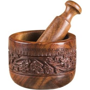 Mortero y Maja de trabajo de diseño intrincado de madera de alta resistencia con interior pulido, ideal para triturar semillas duras, nueces y hierbas - Product Image 1