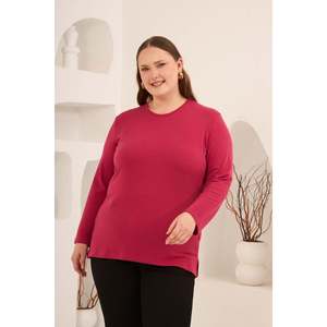 Suéter de Punto con Cuello Redondo y Abertura Lateral para Mujer, Talla Grande, Color Fucsia, Manga Larga, para Otoño e Invierno, Marca RMG - Product Image 1