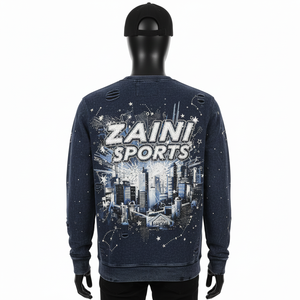 Premium <b>Men</b> Sweatshirt Cotton Fleece Navy Color Distressed Style <b>City</b> Graphic Custom Logo 3D Puff Print Basics Sweatshirts - Product Image 3