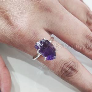 Bague pour femme en argent sterling 925 réglable, avec pierre brute naturelle d'améthyste, pierre de naissance de février, pour la création de bijoux - Product Image 5