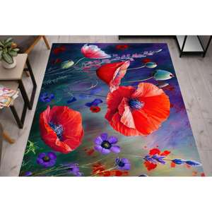 Alfombra con Estampado de Amapolas: Amapola Roja, Moderna, Floral, Fácil de Limpiar, para Sala de Estar, Alfombra Delgada No Tejida - Product Image 2