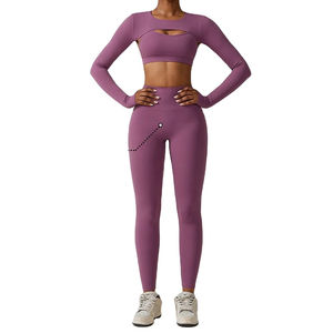 Ropa de Yoga para mujer, conjunto de gimnasio sin costuras de 3 piezas, Top de manga larga con sujetador y pantalones, patrón sólido, tarifa al por mayor 2025 - Product Image 1