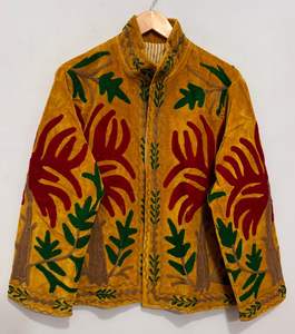 Hand Embroidered Floral Breathable <b>Velvet</b> Suzani <b>Jacket</b> with Stand Collar <b>for</b> <b>Women</b> Ethnic Uzbek Tribal Outerwear Wholesale - Product Image 5