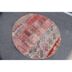 Alfombra turca Vintage roja de 4,2x4,2 pies, área grande, respaldo de látex de lana, patrón de retazos, comedor, alfombra ovalada ecológica mediana - Product Image 4