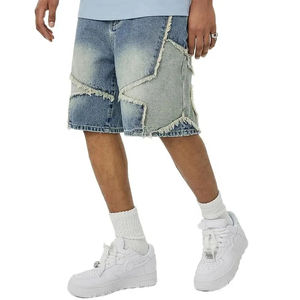 Dobladillo desgastante Azul Lavado Denim Jorts Unisex Stone Faded Applique Personalizar Denim Shorts para hombres - Product Image 3