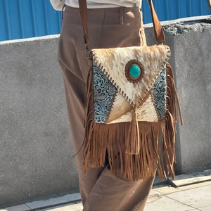 Véritable cuir de vachette fourrure frange sac à main élégant sac à main en cuir cheveux sur cacher Turquoise pierre bohème sacs faits à la main à la vente en gros - Product Image 5