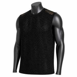 Chaleco de punto sin mangas de malla de ganchillo negro para hombre, estilo urbano, camiseta sin mangas de verano, venta al por mayor personalizada - Product Image 3