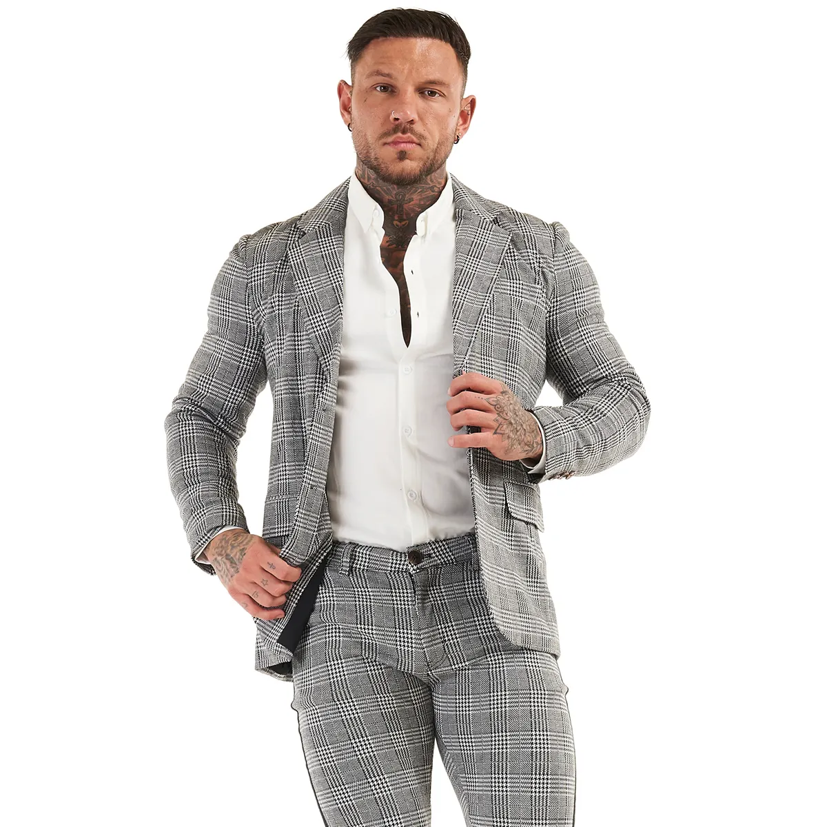 Custom Stylish Casual Men's Grey Plaid Blazer Sets Slim Fit Jacket Suits Blazers Hombre For Men