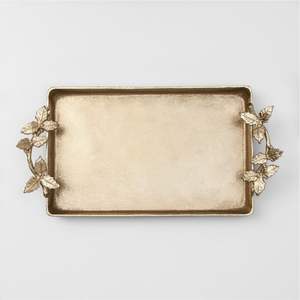 Premium Cast Metal Gold Decorative <b>Tray</b> Rust-Proof Rectangular <b>Buffet</b> Serving Platter Handcrafted Leaf Design Vanity <b>Tray</b> - Product Image 1