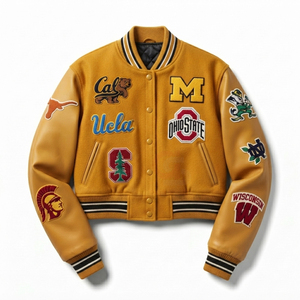 Chaqueta Varsity de Lana Premium Personalizada al por Mayor, Chaqueta Letterman Personalizada con Mangas de Cuero Genuino, Chaquetas de Moda Urbana al por Mayor - Product Image 1
