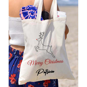 Merry Christmas Deer Tote <b>Bag</b> Eco-Friendly Cotton <b>Bag</b> with <b>Long</b> Handle Medium Size for Daily Use Food Advertising - Product Image 1