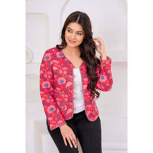 Handmade Red Cotton Quilted Floral <b>Jacket</b> Reversible Design Animal Solid Customizable Hooded Patchwork <b>Short</b> Bomber for Autumn - Product Image 6