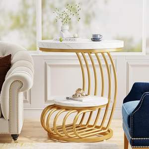 2-Tier Metal Nesting End <b>Table</b> Round <b>Sofa</b> <b>Side</b> <b>Table</b> & Snack/Coffee/Tea <b>Table</b> Marble Look for Living Room Bedroom Apartments - Product Image 2