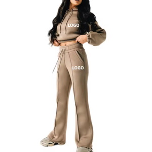 Customize Logo <b>Women</b> Sweatsuit with Crop Pullover Sweatshirt & <b>Straight</b> <b>Leg</b> Pant <b>Jogger</b> Tracksuits Set in Fleece Fabric hot sell - Product Image 6