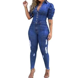 Tendance Européenne et Américaine Slim Fit Jumpsuit Minceur Denim Jeans avec Spray Blanc et Perforé Design Sexy Déchiré - Product Image 1