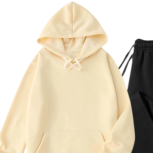 Conjunto Deportivo Informal de Dos Piezas con Sudadera con Capucha Color Crema y Pantalones Deportivos Negros, Unisex, de Forro Polar para Invierno, Ropa Deportiva Urbana OEM - Product Image 4