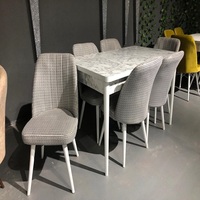 Table à manger extensible moderne faite à la main, ensemble de 6 chaises, plateau en verre trempé, pieds en métal, panneau de particules, portable, best-seller