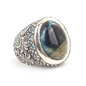 Men's 925 Sterling Silver <b>Ring</b> with <b>Turquoise</b> Obsidian Stone IGI Certified Rhodium Plated Fine Jewelry for Everyday Wear - Product Image 2