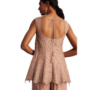 Vente en gros d'ensemble Kurta en soie beige avec Palazzo Georgette Vêtements ethniques OEM Fournisseur d'usine Tenue de mariage festive personnalisée - Product Image 5