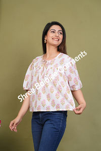 Écologique 100% coton haut verdâtre Floral main bloc imprimé Peplum Style chemisier court décontracté fête porter manches courtes lavable - Product Image 2
