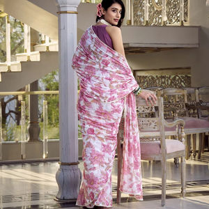 Saree élégant à imprimé floral en tissu de marbre en apesanteur avec dentelle perlée et chemisier en soie unie Moonga pour commandes en gros B2B - Product Image 1