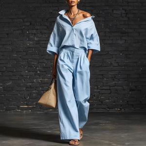2026 Summer Bestseller: New Cross-Border Women's Two-Piece Set Long-Sleeve Shirt &amp; Loose-Fit <strong>Trousers</strong> - Product Image 1