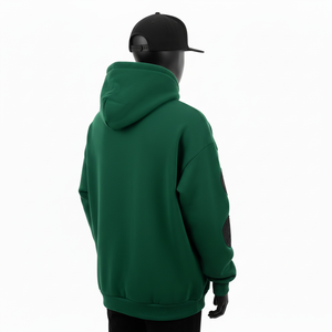 Sweat-shirt confortable de base avec impression graphique sur la poitrine, logo en patch, panneaux personnalisés, tissu polaire épais 350 GSM, couleur verte - Product Image 4